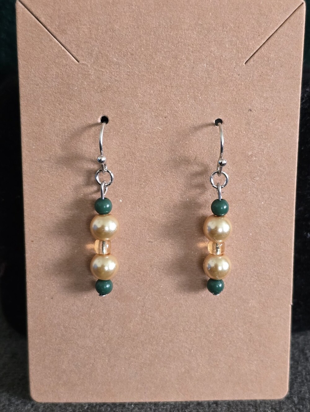 Handmade Faux Gold Pearl and Dark Green Bead Drop Earrings